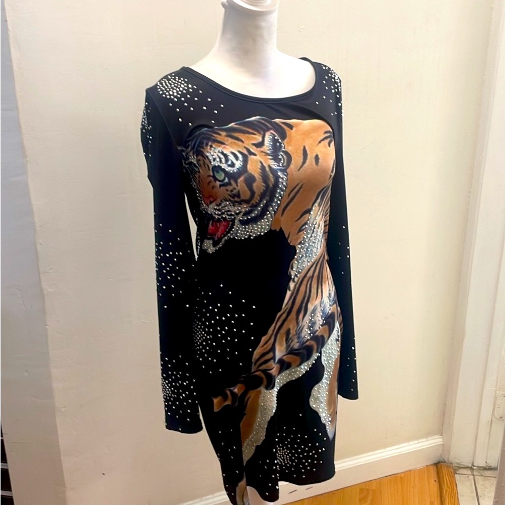 New Fashion Nova Man Eater Black and Orange Embellished Sheath Dress